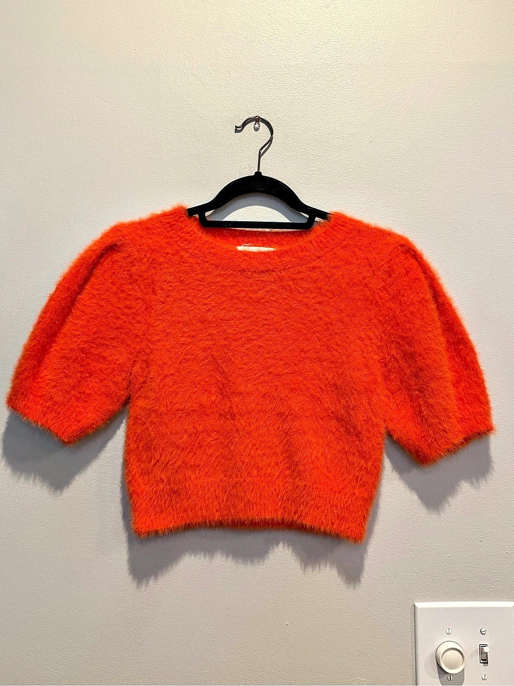 day + moon Fuzzy Crewneck Cropped Sweater in Orange Size Small